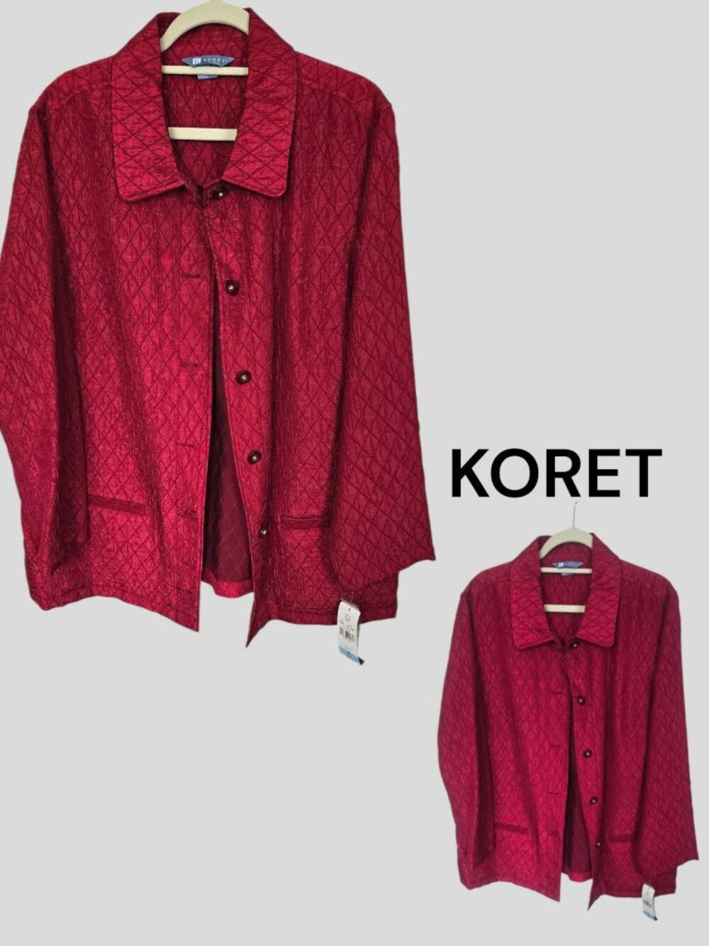 KORET Red Diamond Quilted Lightweight Button Front Collar Jacket Womens 20W NEW